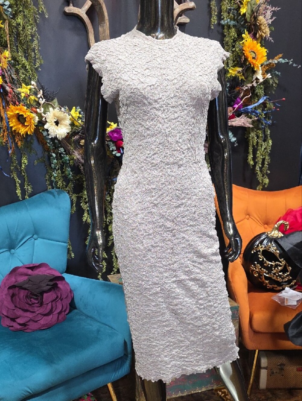 Zara Light Gray Textured Knit Gray Midi Dress